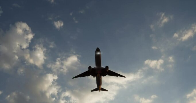 Large airliner with passengers on cloudy sky is landing at airport of bright sunset on sunny summer day. Go Everywhere.