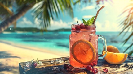 Exotic tropical drink in a mason jar on a sunny beach with citrus and berries. - obrazy, fototapety, plakaty
