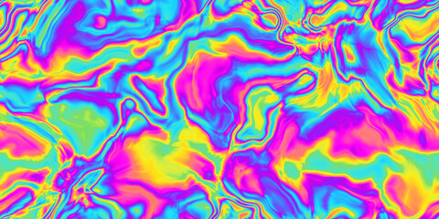 Fototapeta na wymiar Seamless psychedelic rainbow plama waves pattern background texture. Trippy hippy abstract wavy marble swirls dopamine dressing style fashion motif. Bright colorful neon wallpaper or retro backdrop.