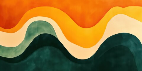 Orange waves on a background, in the style of rounded shapes dark green and light yellow.