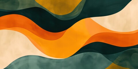 Orange waves on a background, in the style of rounded shapes dark green and light yellow.