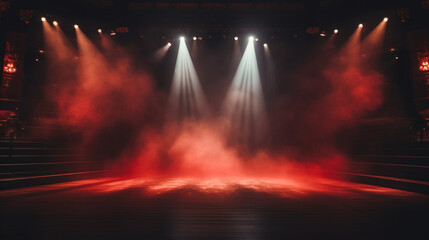 Stage light background with red spotlight illuminated the stage with smoke. Empty stage for show with backdrop decoration.