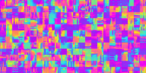 Seamless psychedelic rainbow thermal infrared heatmap mosaic square tiles pattern background texture. Trippy hippy abstract geometric tiles dopamine style colorful neon wallpaper or retro backdrop