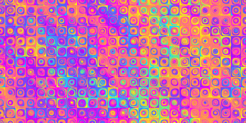 Seamless psychedelic rainbow swirling mosaic square pattern background texture. Trippy hippy abstract geometric dopamine dressing style fashion motif. Bright colorful neon wallpaper or retro backdrop.