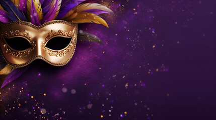 A majestic Mardi Gras mask, adorned with vibrant feathers, stands out against a purple backdrop