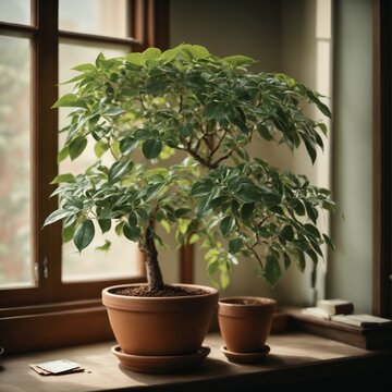 a money tree in a clay pot on the windowsill


