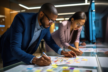 Fototapeta premium Multiethnic business people planning strategy, writing notes on paper and making new corporate schedule at office.