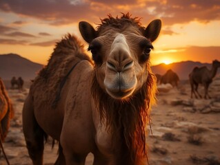 Beautiful camel on desert at sunset