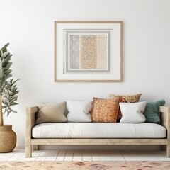 modern calm living room with sofa and mockup for painting, empty space for text 