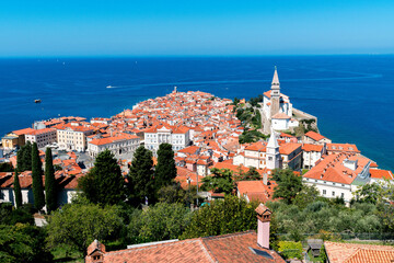 Beautiful view of the city of Piran from the top of the city wall in Slovenia