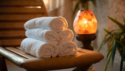 Obraz premium A cozy atmosphere in the spa. Rolled up clean towels on a wooden chair.