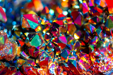 Colorful crystal structures of rock crystal with intense color reflections due to vapor deposition...