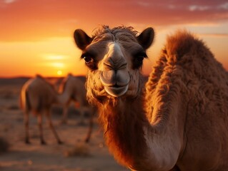 Beautiful camel on desert at sunset