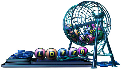 A 3D illustration advertising online lottery games, featuring colorful numbered balls in a wire cage, sitting atop of a stack of mobile devices. - obrazy, fototapety, plakaty