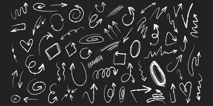 Charcoal drawing set of arrows and doodles. Chalk doodle texture design elements. Illustration vector pencil sketch handmade.