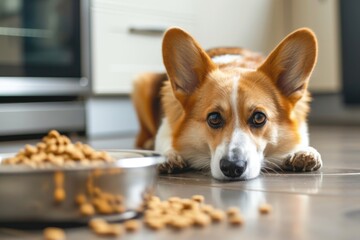 Corgy is lying on the floor near the stainless steel bowl of dry kibble dog food - obrazy, fototapety, plakaty