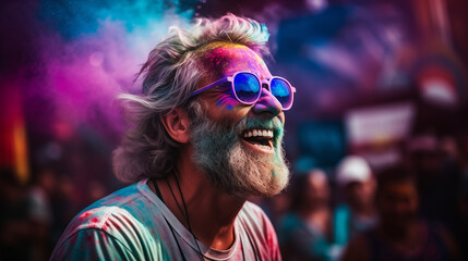 Cheerful man at the festival of colors Holi