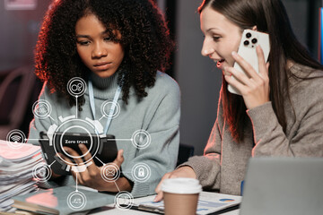 Cybersecurity and privacy concepts to protect data. Lock icon and network security technology. Man protecting personal data on smartphone tablet, virtual screen interfaces. In office