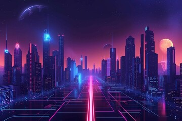Vector illustration urban architecture, cityscape with space and neon light effect. Modern hi-tech, science, futuristic technology concept. Abstract digital high tech city design for banner background