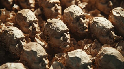 Thought-provoking art installation featuring multiple faces emerging from crumpled paper, evoking themes of identity and transformation.