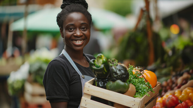 Mulher afro sorrindo com uma cesta de verduras na feira 