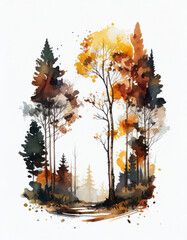 Watercolor Autumn Forest Illustration Isolated on White Background. Colorful Digital Landscape Art