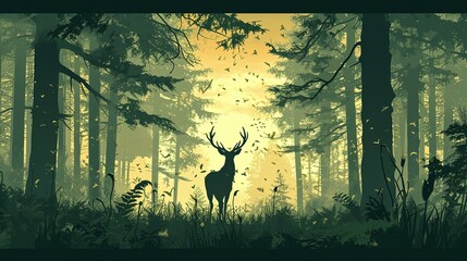 Digital artwork of a majestic deer silhouette standing in a misty forest at dawn, with birds fluttering in the golden light.