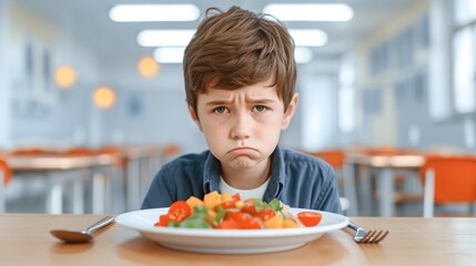 sad boy in the school cafeteria doesn't want to eat his lunch, International School Meals Day, banner