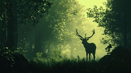 Solitary stag stands as a silhouette against the ethereal light filtering through the misty forest canopy.
