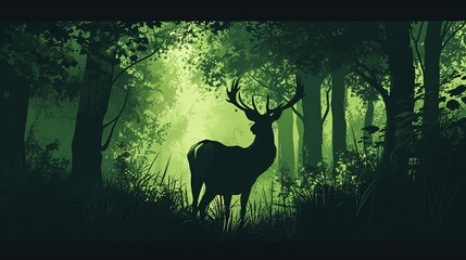 Striking silhouette of a deer set against a vibrant green backdrop of a dense forest, illuminated by light.