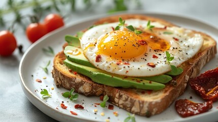 Contemporary breakfast platter with a poached egg, avocado slices, and whole grain toast.