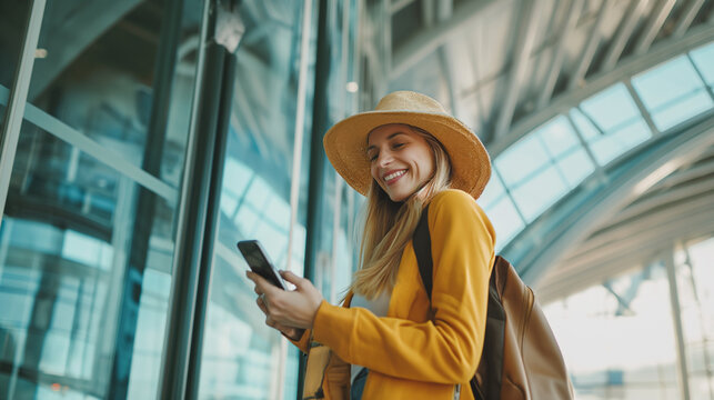 Mulher feliz com mochila de viagem usando o celular no aeroporto 