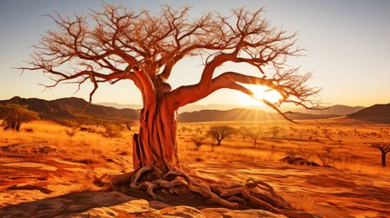 Foto auf Acrylglas Close-up of a baobab tree against a desert background. Scorching heat, sunshine. Desert landscape. Generative AI © AngrySun