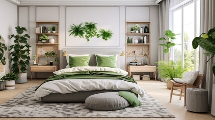Scandinavian interior design of modern bedroom with little green trees