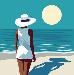 Vector flat illustration A woman in white clothes, a swimsuit and a hat walks along the beach. Woman back view. The girl is on vacation. Sea, sky, girl