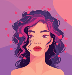 Vector illustration of an avatar for social networks Valentine's Day, portrait of a beautiful young woman love, hearts, pink purple background. Holiday concept
