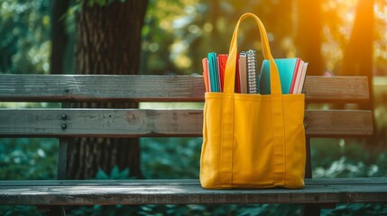 Colorful tote bag filled with books and notebooks for a day of learning in the park. - obrazy, fototapety, plakaty