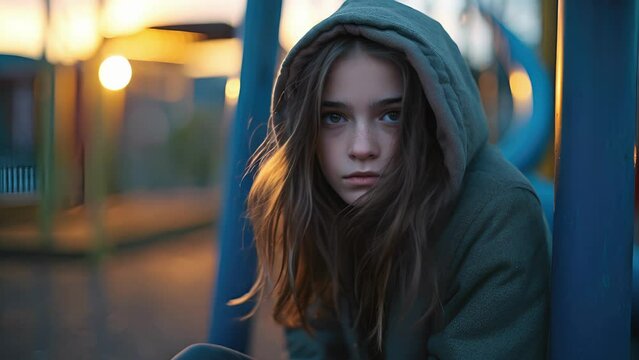 EastAsian adolescent girl sitting alone in anonymous urban playground at twilight. playgrounds desolation echoes with isolation and potential depression after traumatic event, which demands