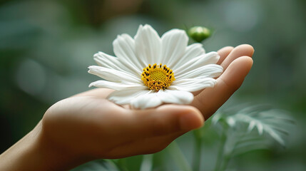 A Woman's Hand Holding a White Flower  Background