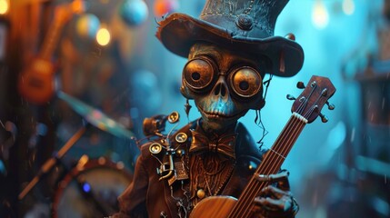 Halloween background with skeleton playing the guitar - obrazy, fototapety, plakaty