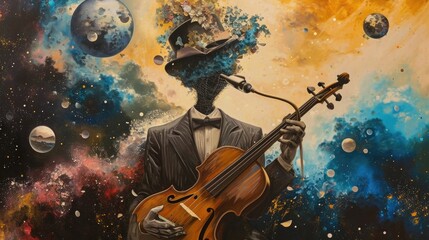 Violinist playing the cello on colorful background with planets and stars