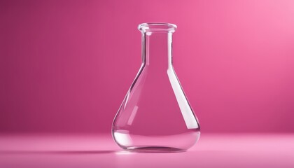 A clear glass beaker on a pink background