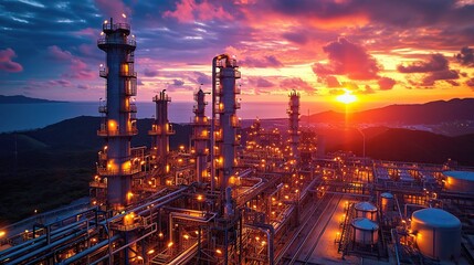 Fototapeta premium Close up Industrial view at oil refinery plant form industry zone with sunrise and cloudy sky