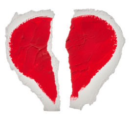 Drawn heart with red paint on paper, sheet torn in half on isolated background