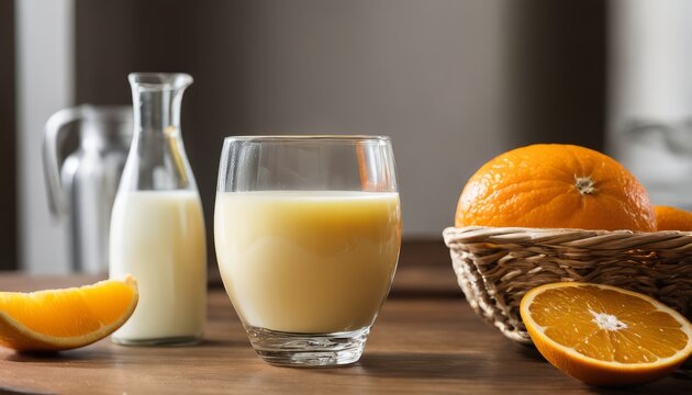 A glass of milk and a glass of orange juice sit on a table with a basket of oranges