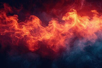 Red flames and smoke swirl in dance of heat and mystery creating abstract spectacle. Dark smoky...