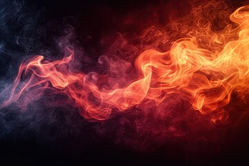 Red flames and smoke swirl in dance of heat and mystery creating abstract spectacle. Dark smoky backdrop illustrates mystical union of light and motion