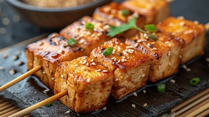 Glazed tofu skewers with honey and sesame seed garnish.