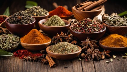 A variety of spices in wooden bowls