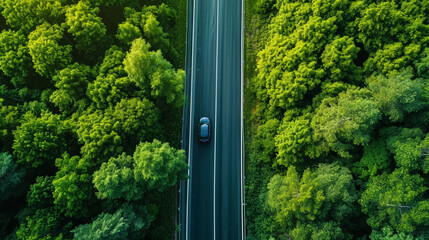 Aerial view of car driving on asphalt highway road in green forest. Sun shine. Travel concept. Generative AI